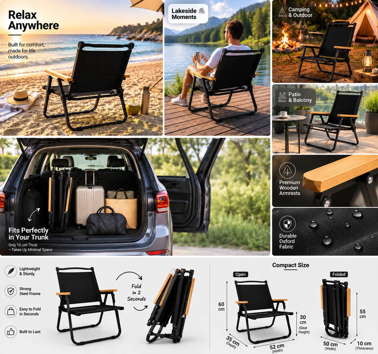 Black Folding Camp Chair with Wooden Armrests