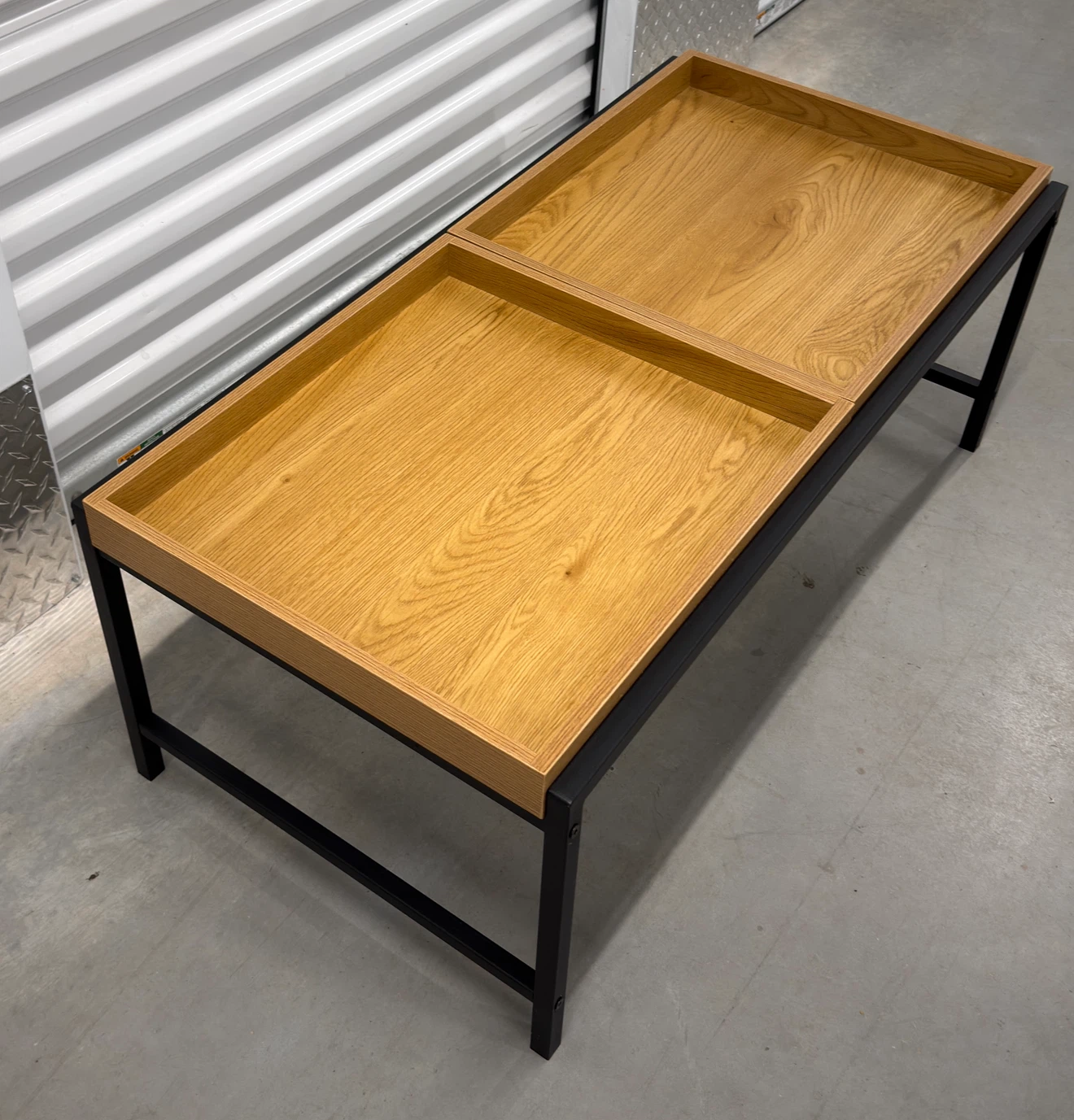 Modern Coffee Table with Hidden Storage | Oak & Black Metal