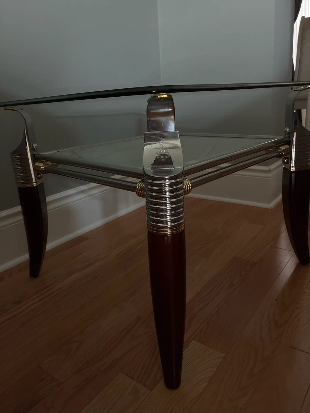 Glass top coffee table with chrome and wood legs - photo 2
