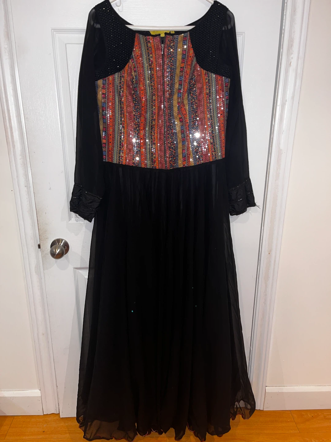 Bhusattva Black Silk Gown with Multicolored Sequin Yoke