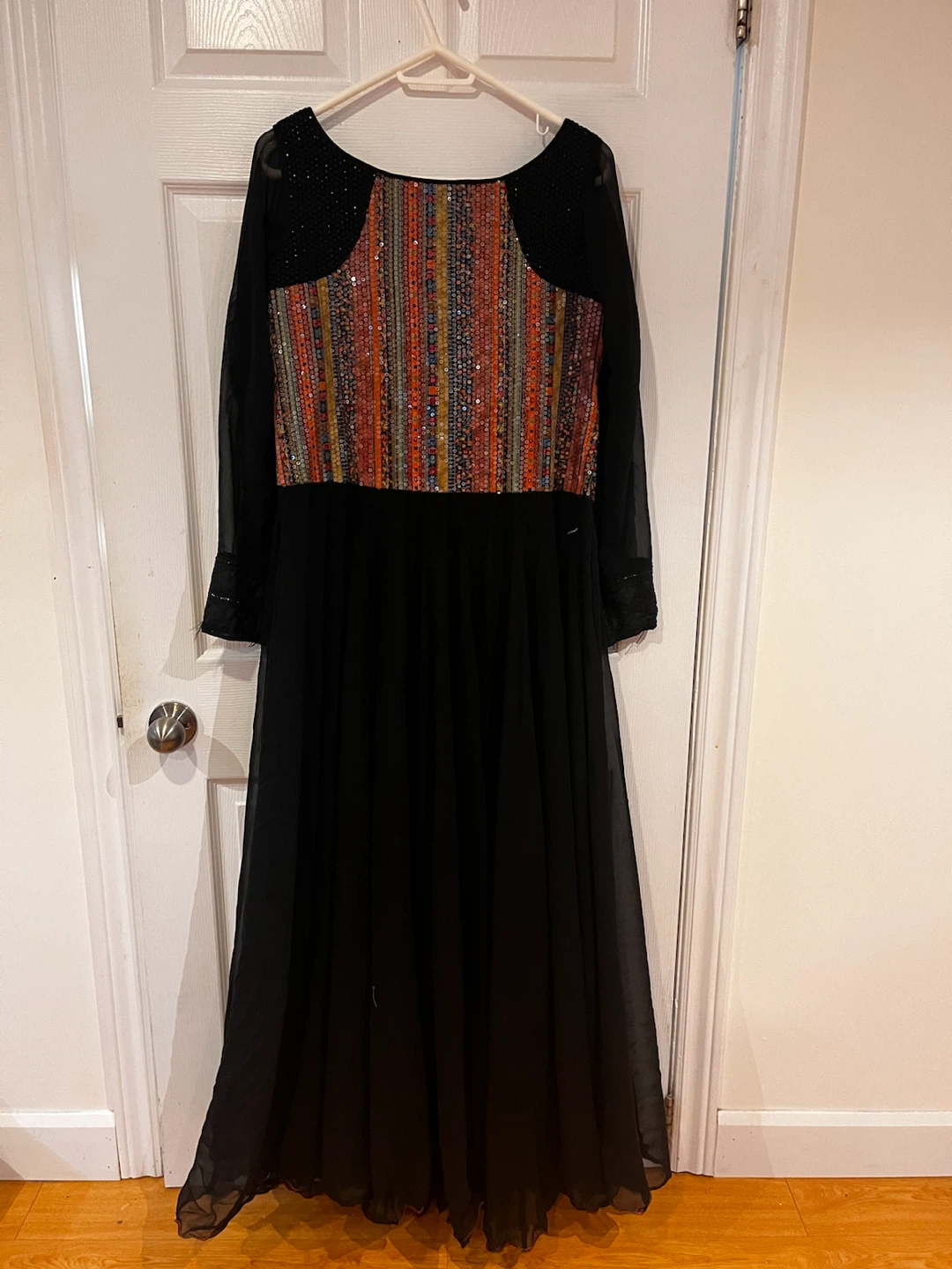 Bhusattva Black Silk Gown with Multicolored Sequin Yoke - photo 2