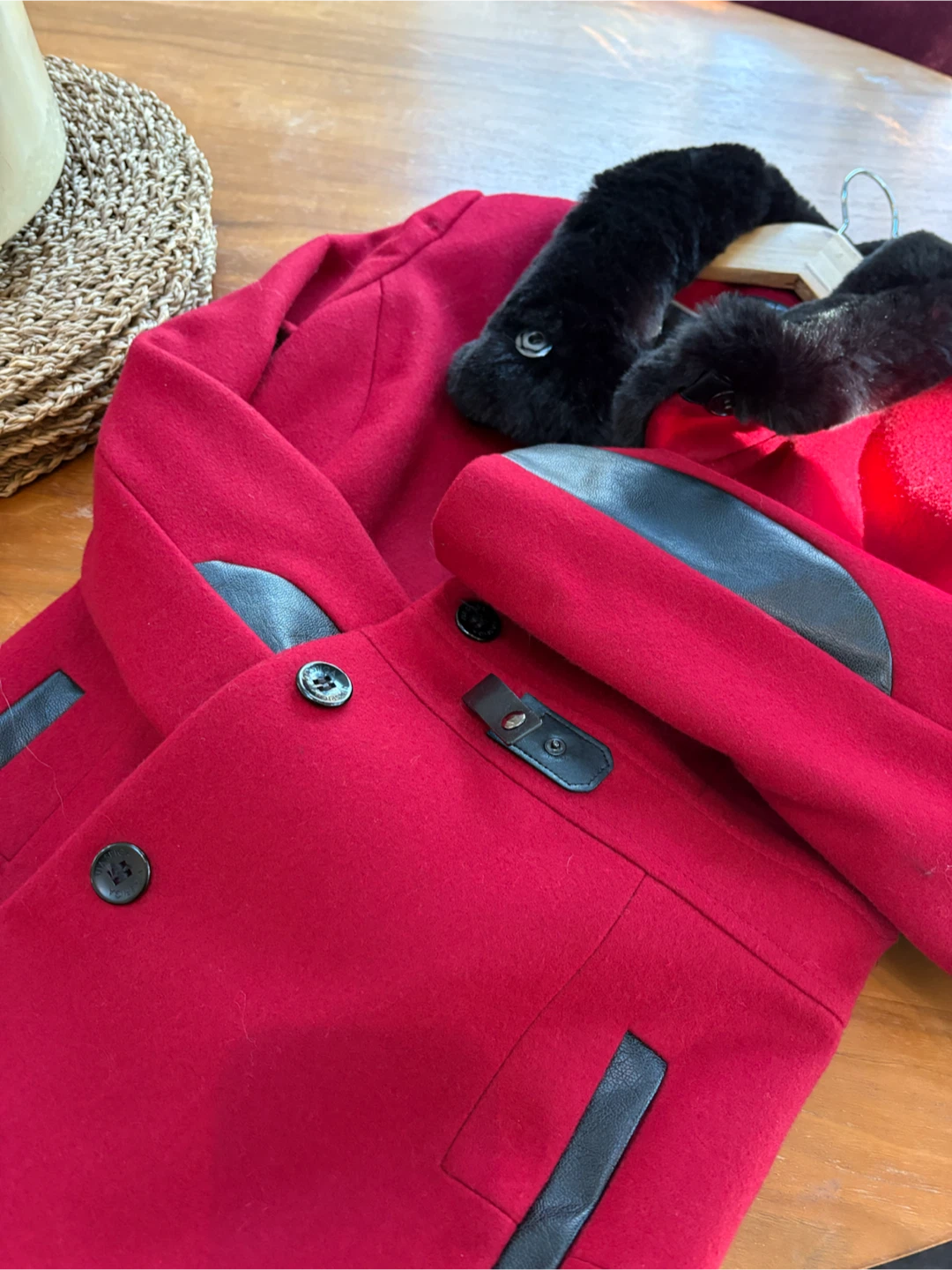 VIA SPIGA Red Wool Blend Coat with Faux Fur Collar
