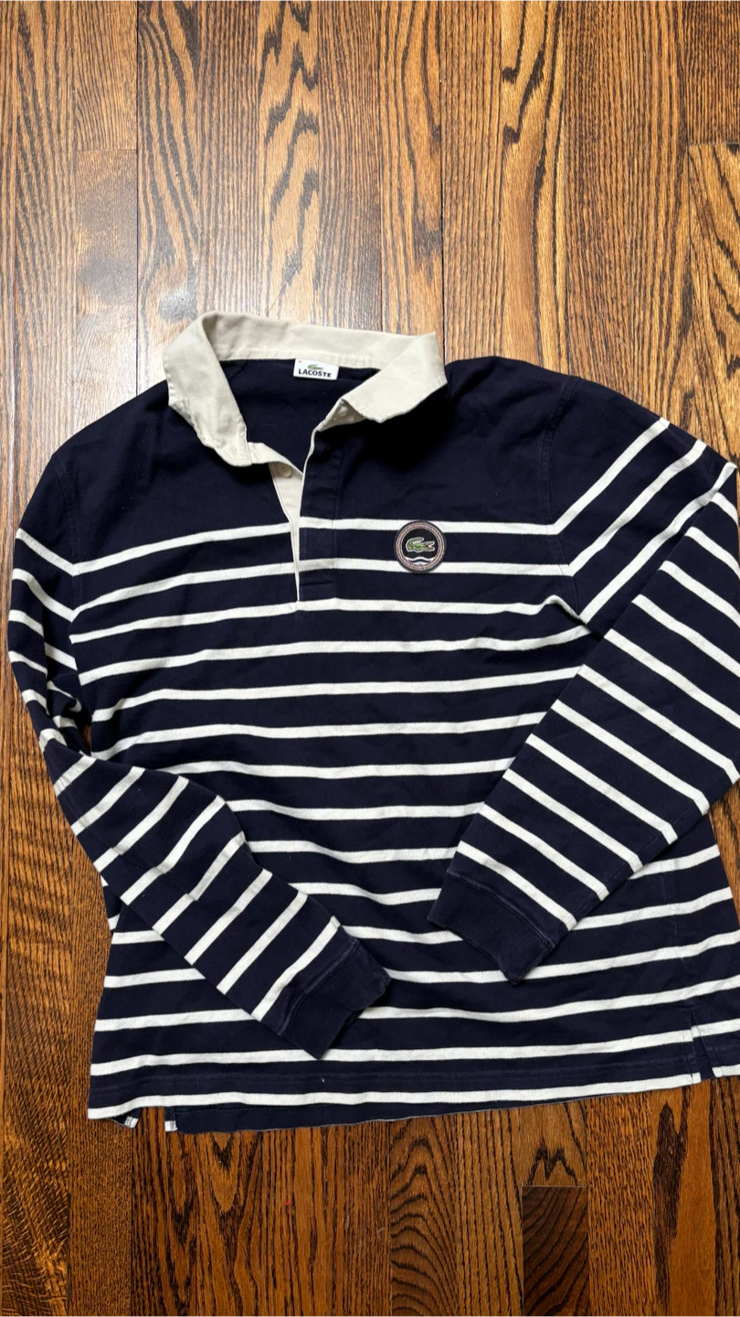Lacoste Long Sleeve Rugby Shirt - Navy/White Stripes - XL