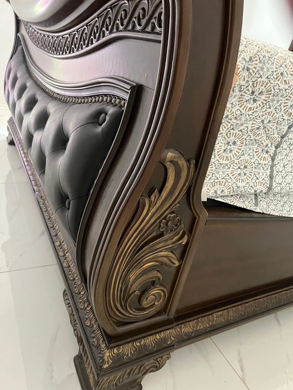 Sleigh Bed Frame - Dark Wood with Tufted Black Headboard