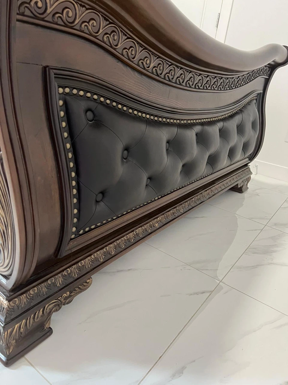 Sleigh Bed Frame - Dark Wood with Tufted Black Headboard - photo 4