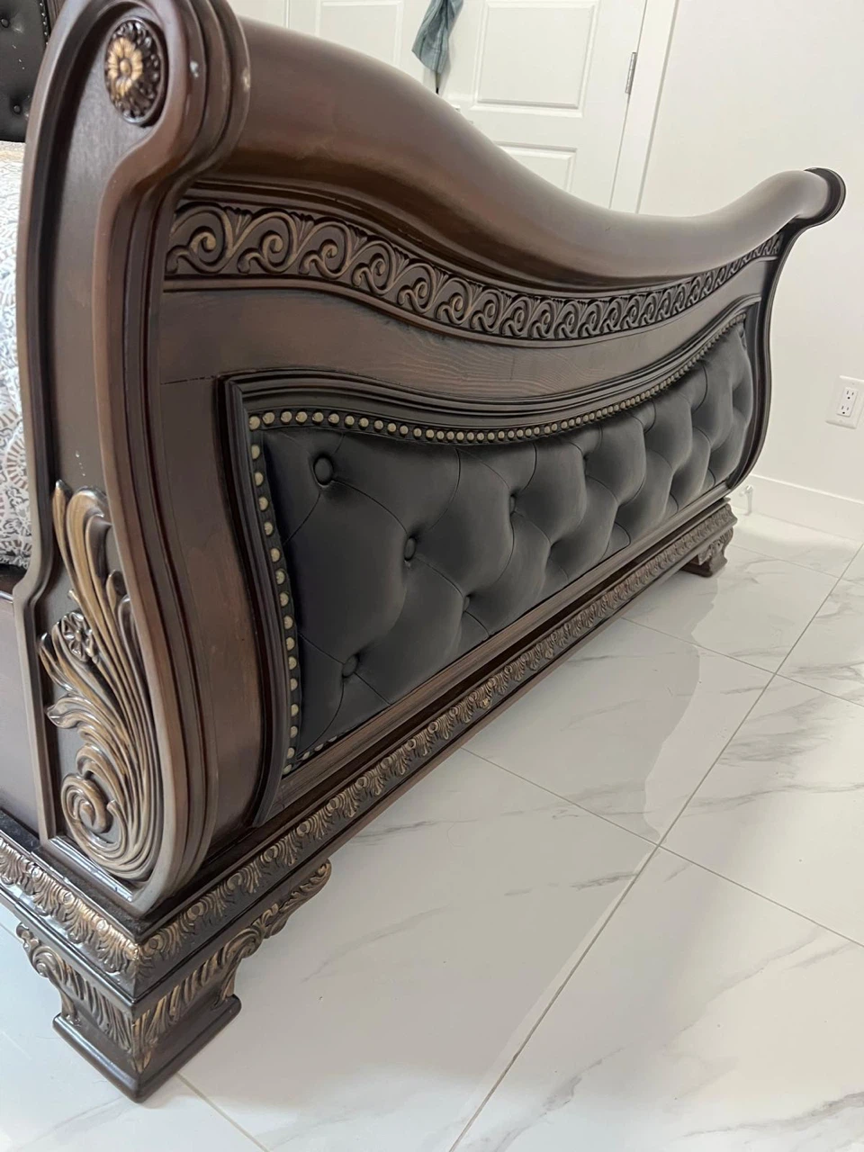 Sleigh Bed Frame - Dark Wood with Tufted Black Headboard - photo 5