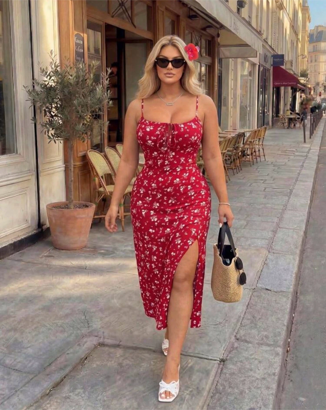 Red Floral Midi Dress — Size 2XL