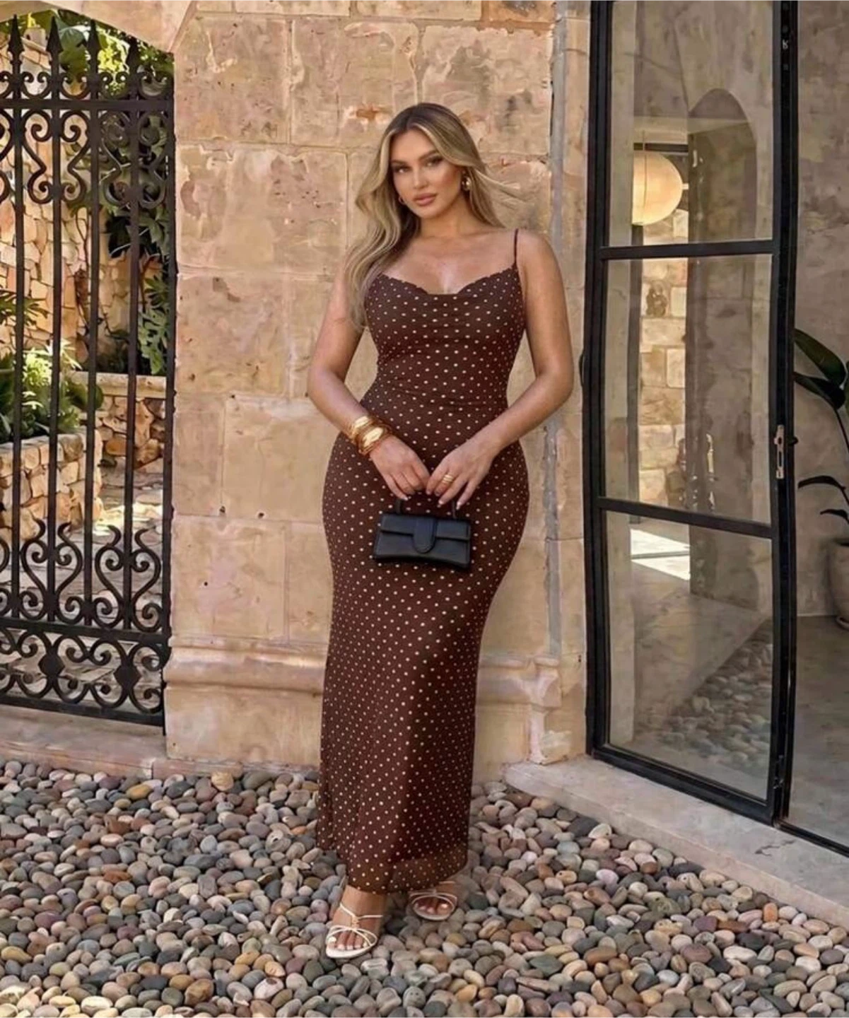 Brown Polka Dot Maxi Dress — Size 2XL