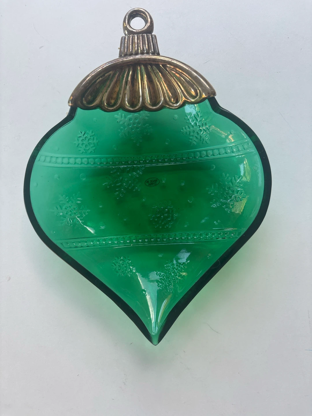 Green Glass Christmas Ornament Dish with Metal Hanger