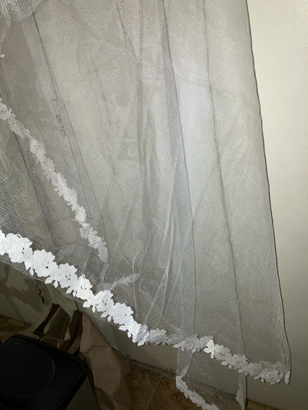 White Wedding Veil with Floral Trim - photo 2