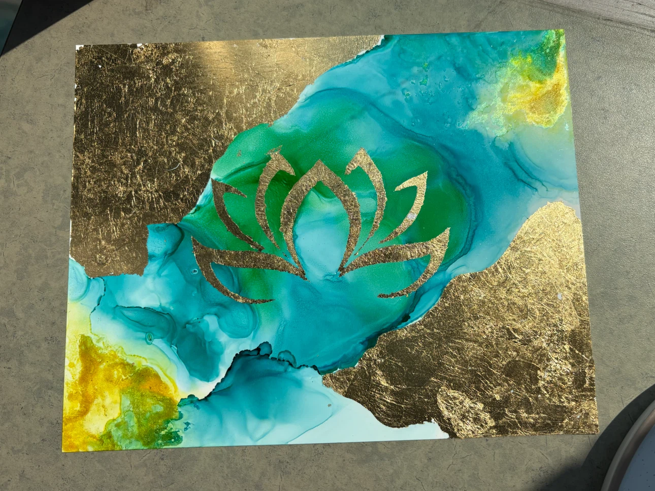 Alcohol Ink Art Lotus Painting Gold Leaf