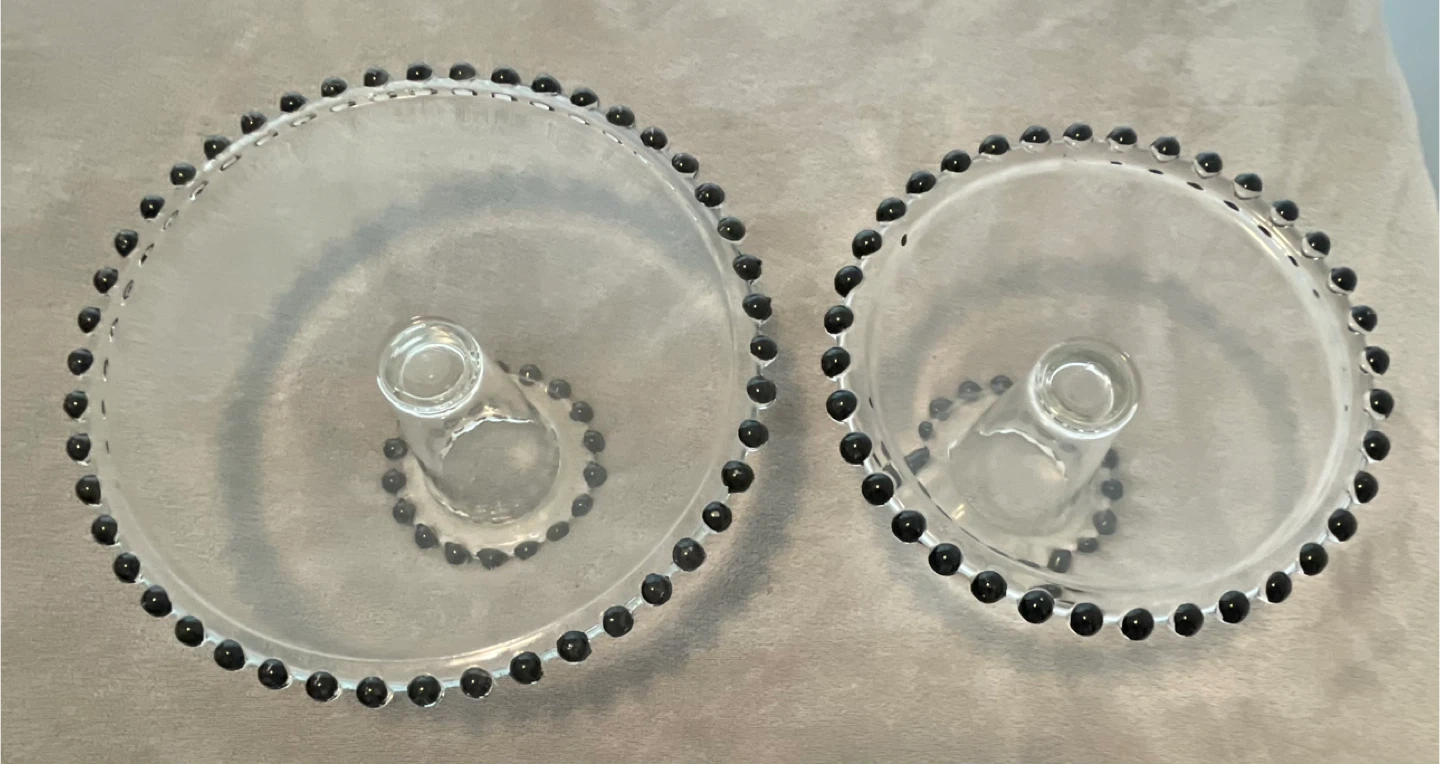 Set of 2 Clear Glass Cake Stands with Black Beaded Trim