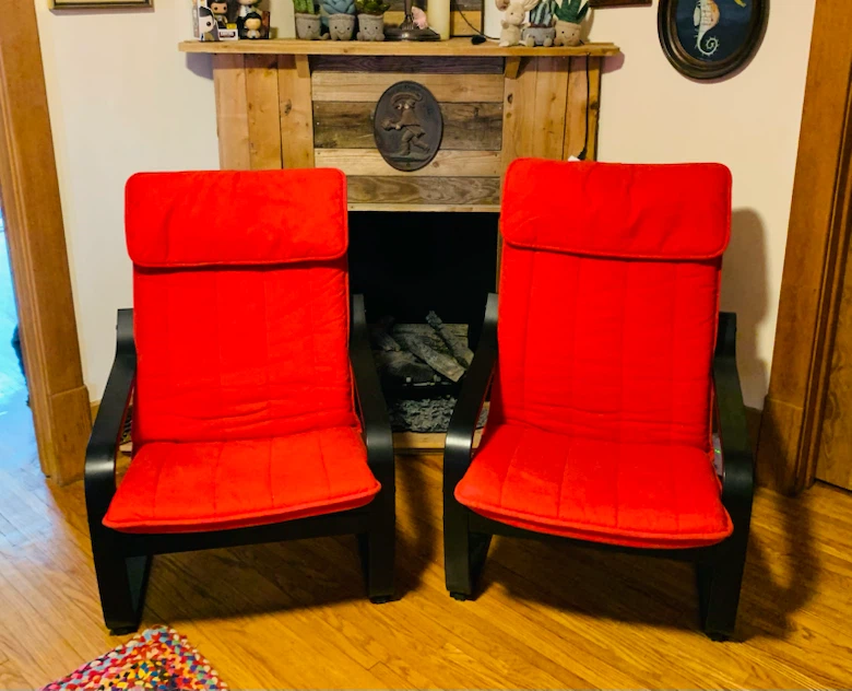 Pair of Red IKEA POÄNG Armchairs x2