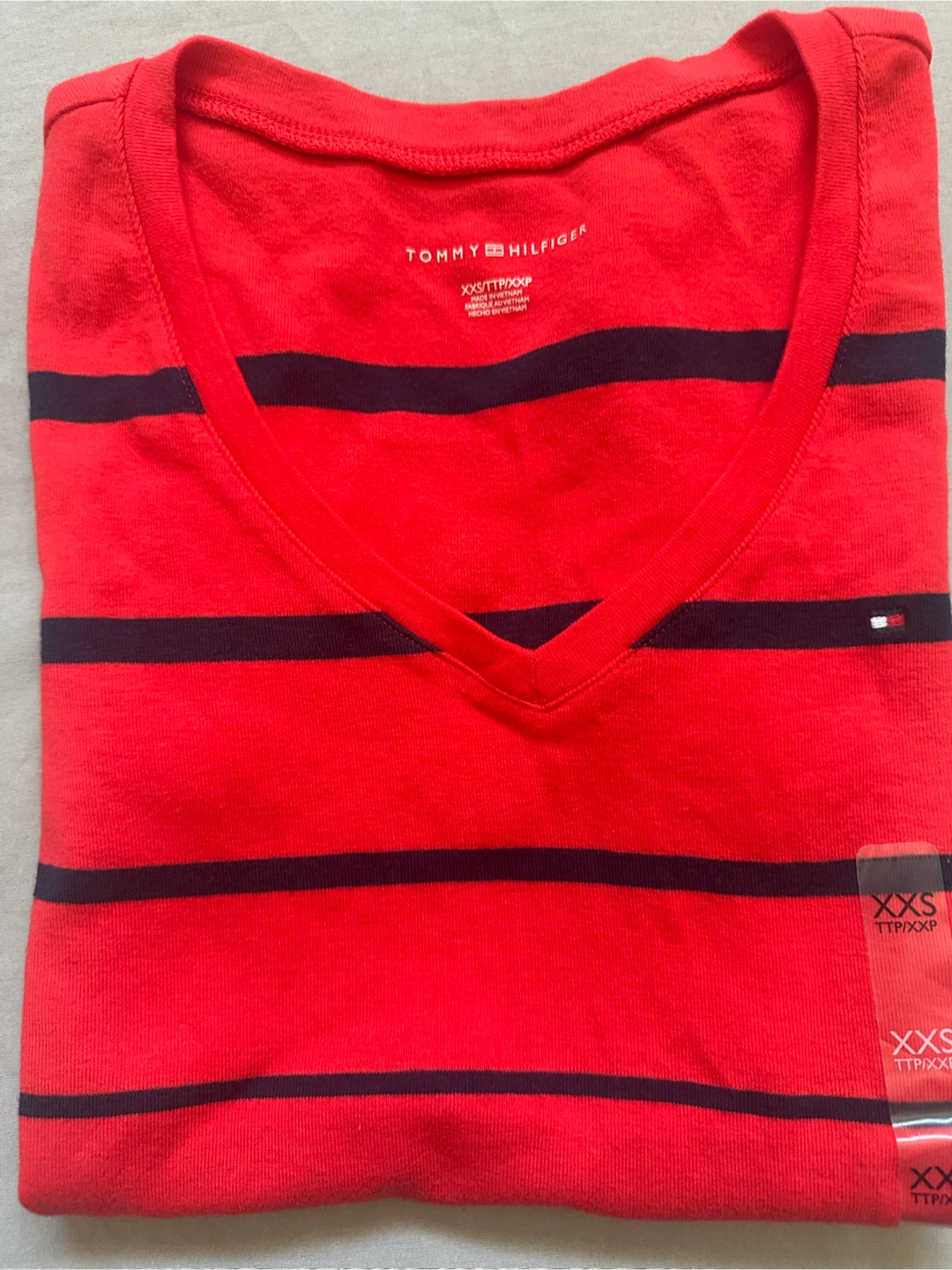Tommy Hilfiger Red & Navy Striped V-Neck T-Shirt - XXS