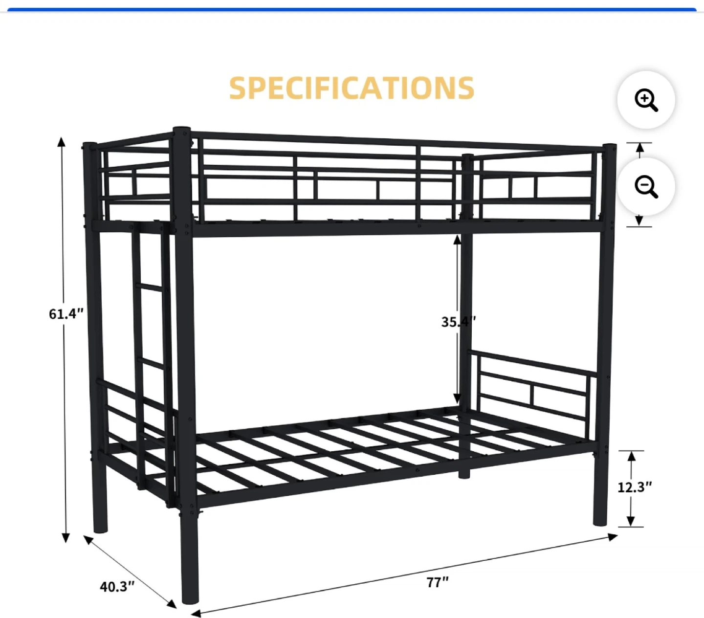 Black Metal Twin Bunk Bed with Integrated Ladder