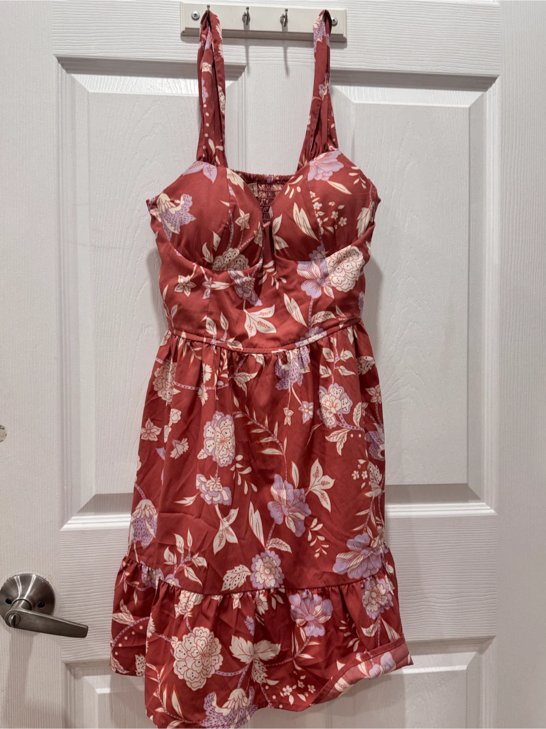 Rust Floral Mini Dress with Ruffle Hem