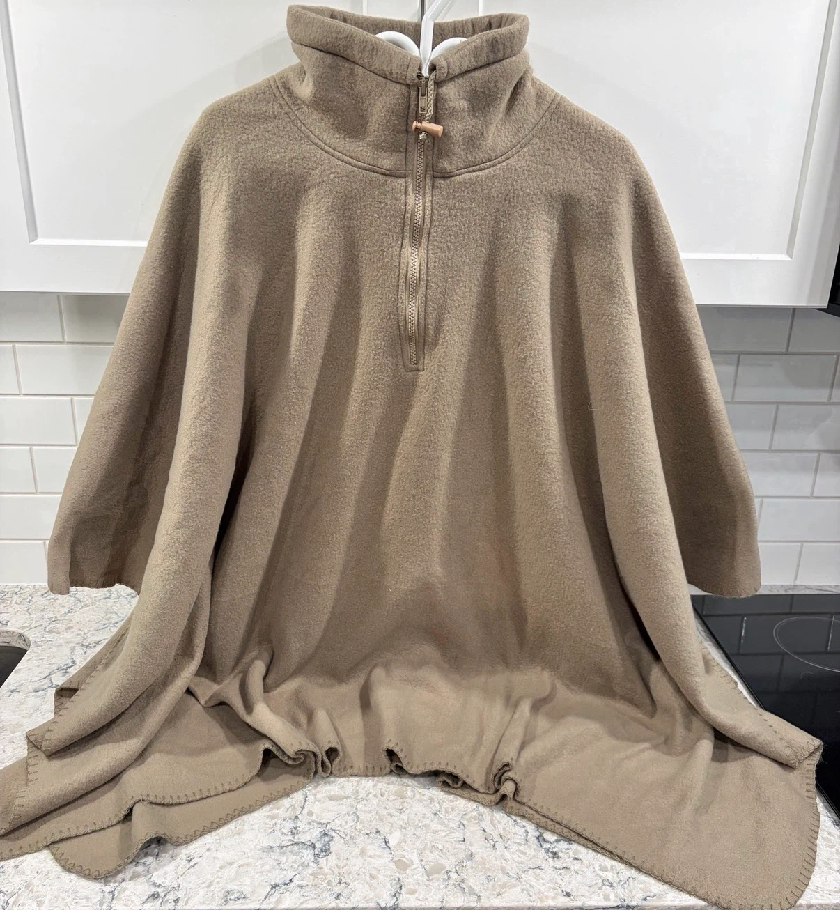 Women’s Oversized Quarter Zip Beige Fleece Poncho Cape Pullover