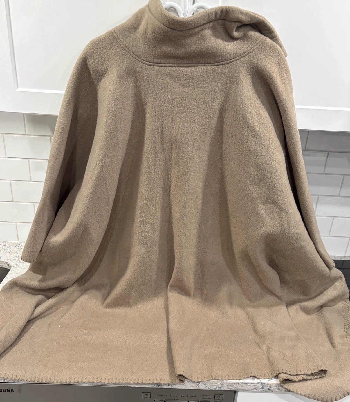 Women’s Oversized Quarter Zip Beige Fleece Poncho Cape Pullover - photo 2