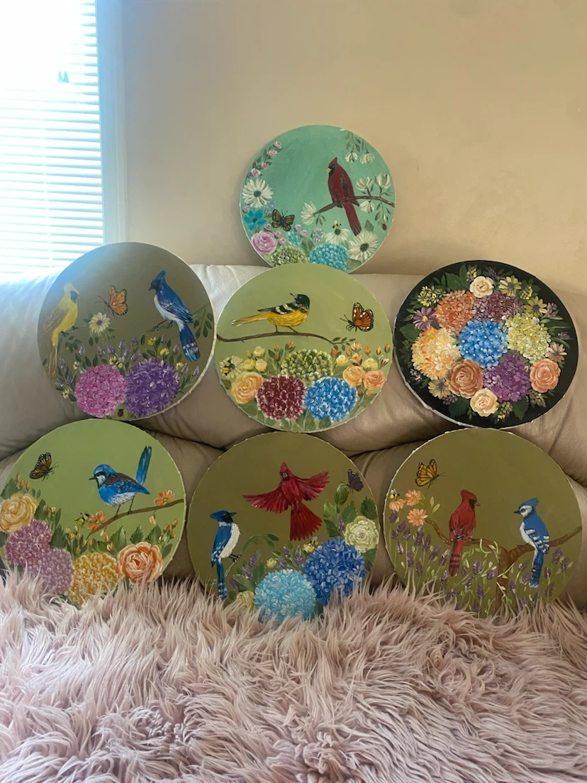 Set of 7 Original Bird and Floral Paintings