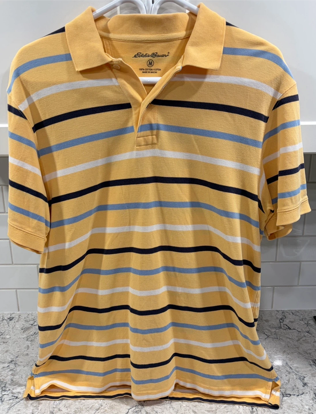 Men’s Yellow Vintage Eddie Bauer Striped Short Sleeve Polo Shirt