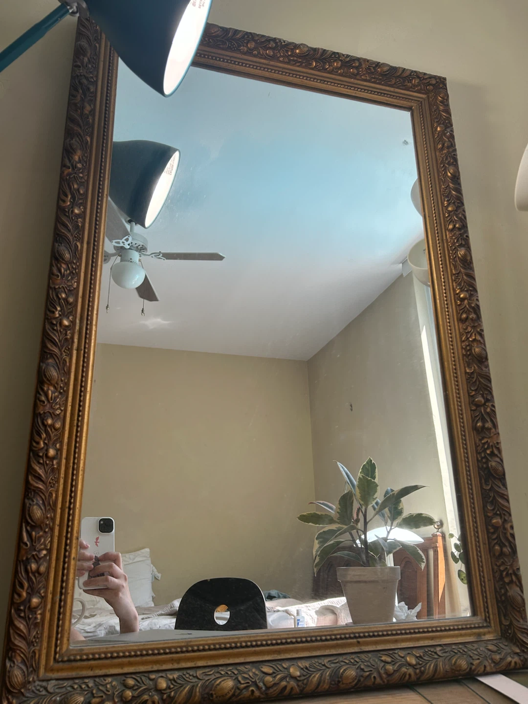 Large Vintage Mirror with Decorated Wooden Frame