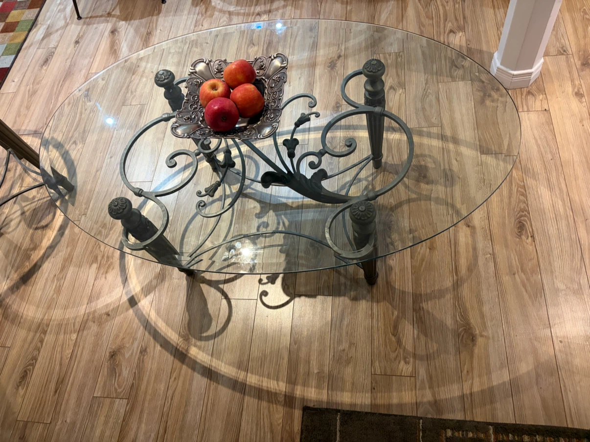 Oval Glass Coffee Table with Ornate Metal Base - photo 2