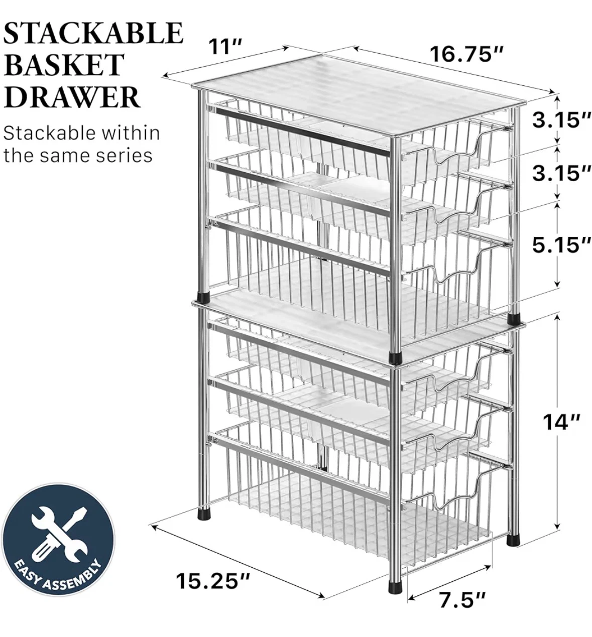 Stackable 3 3Tier Sliding Basket Organizer Drawer, Chrome - photo 2