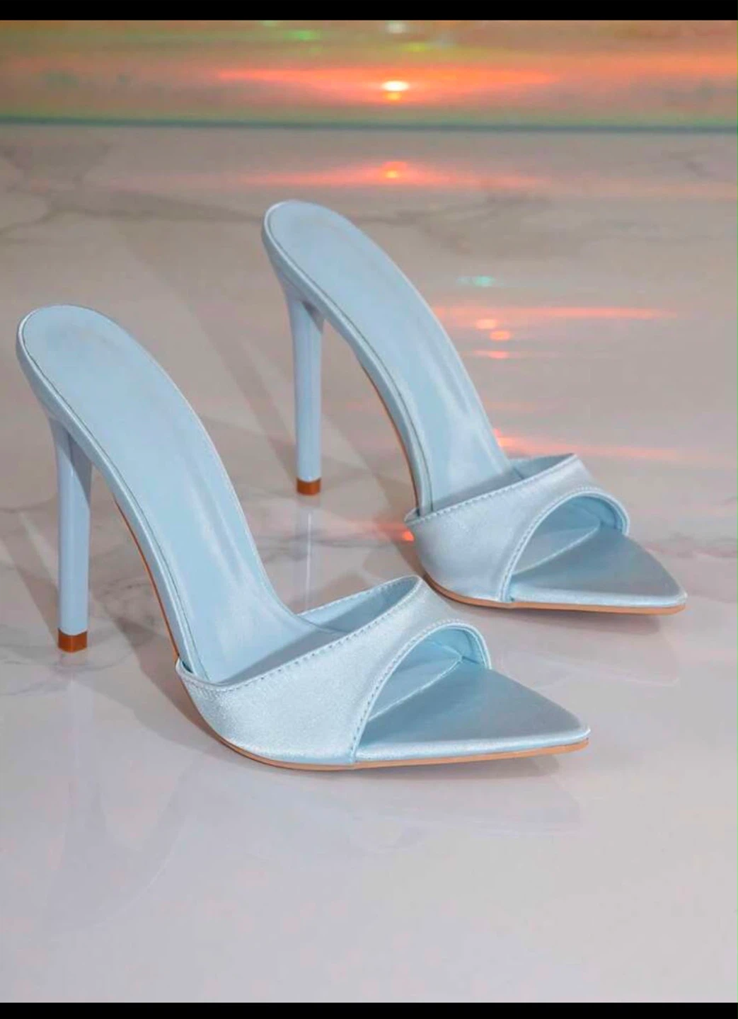 Light Blue Satin High Heel Mules Size 5.5