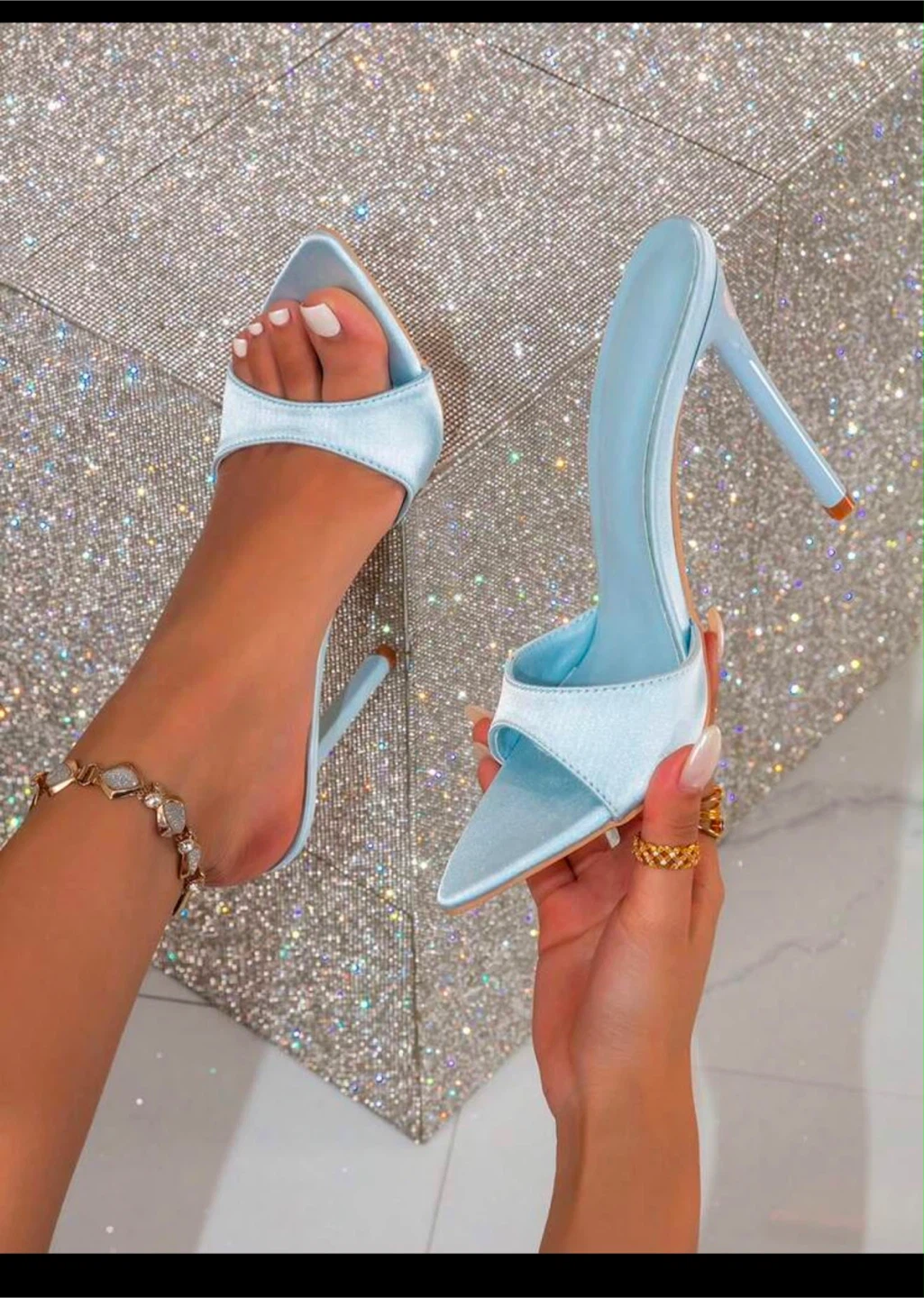 Light Blue Satin High Heel Mules Size 5.5 - photo 2