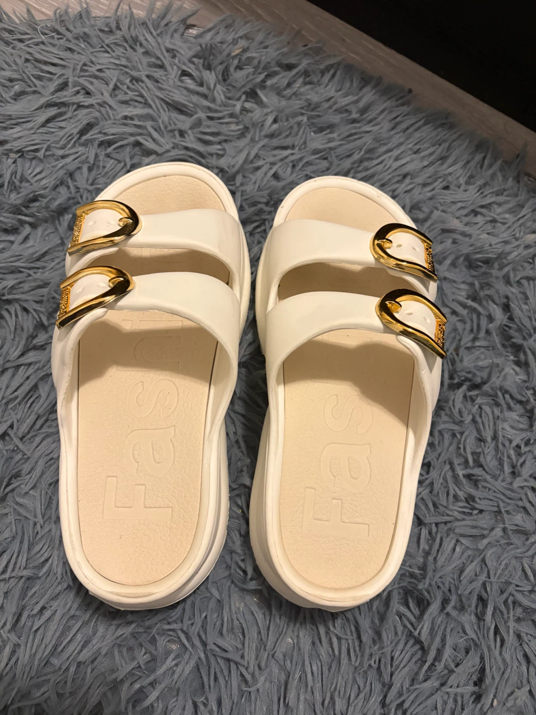 White Slide Sandals with Gold Buckles