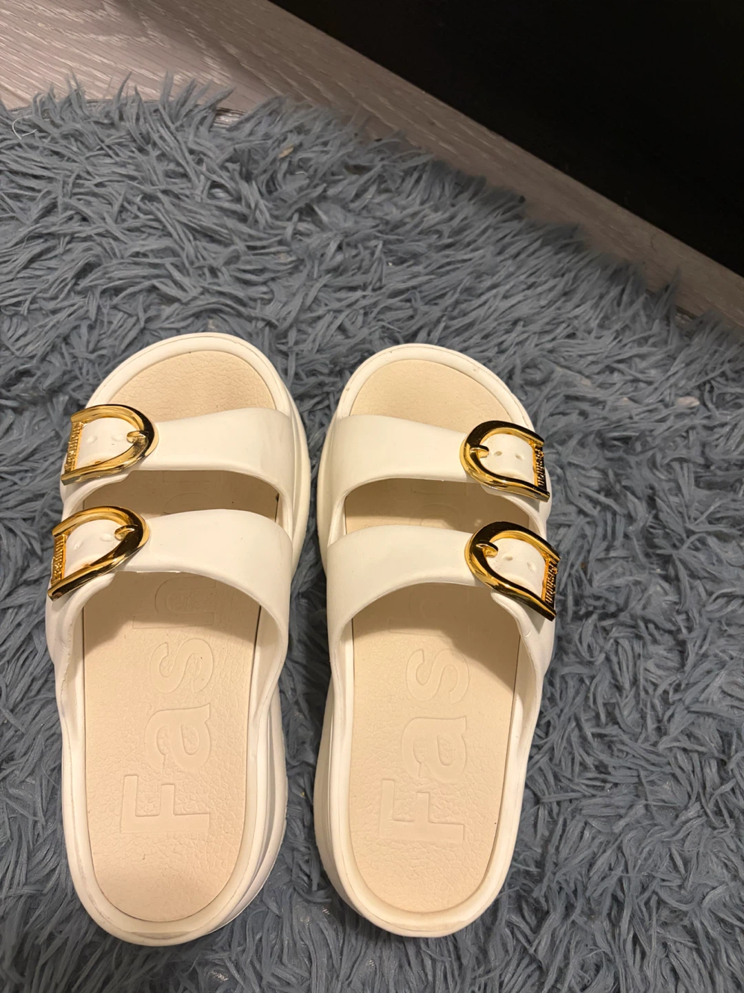 White Slide Sandals with Gold Buckles - photo 2