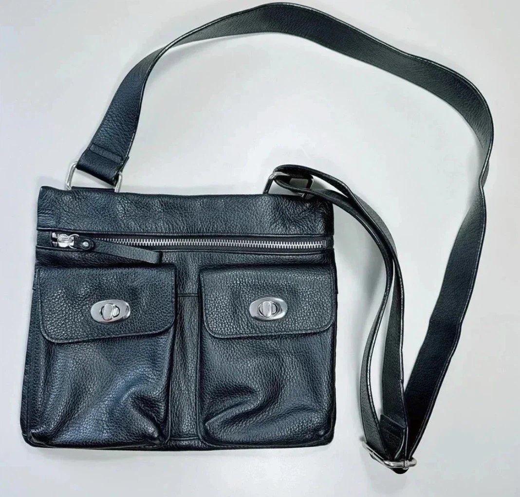 Danier : Black Leather Crossbody Bag with Silver Hardware