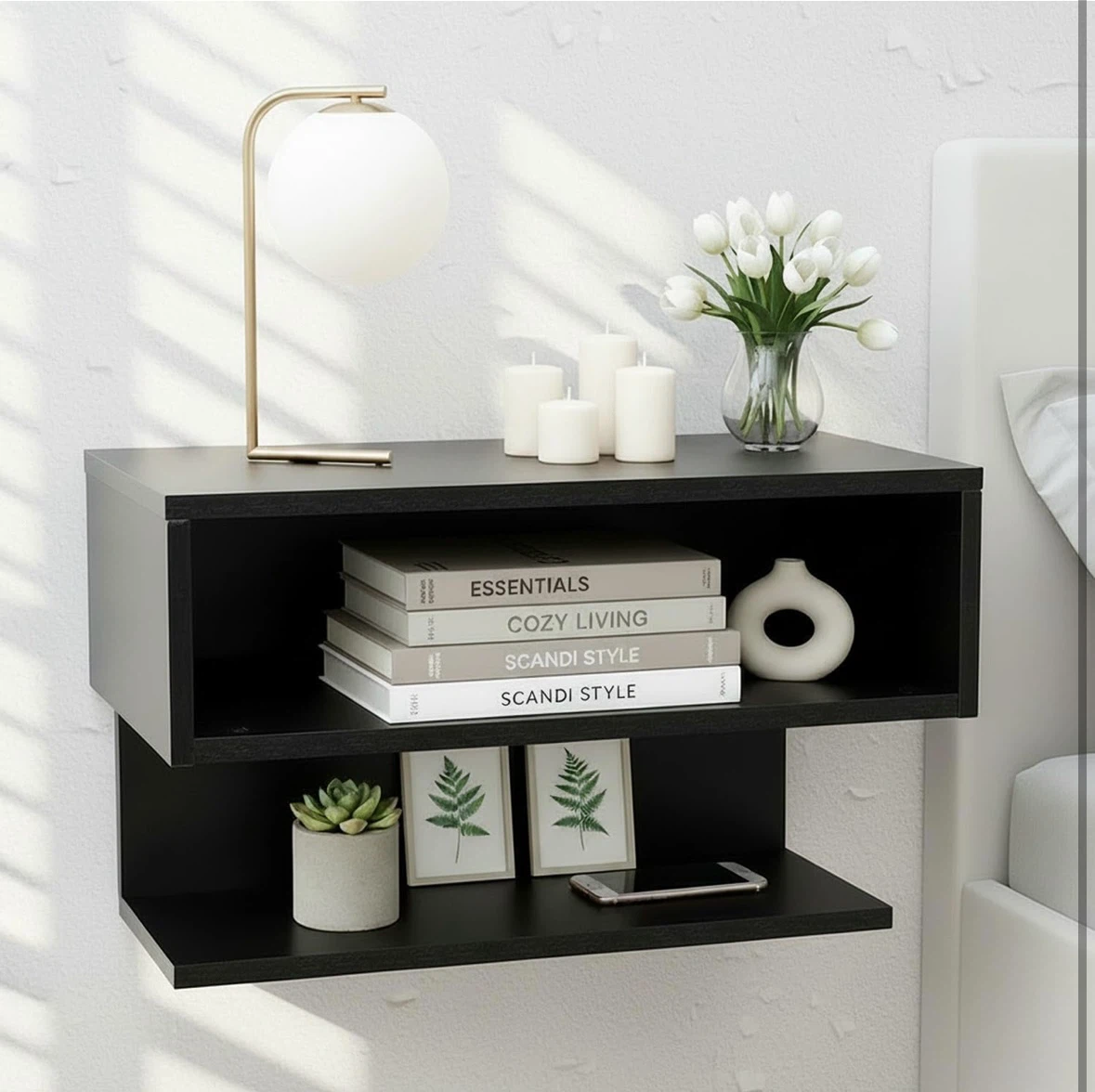 Brand new Welland Black Floating Nightstand with Shelves - photo 2