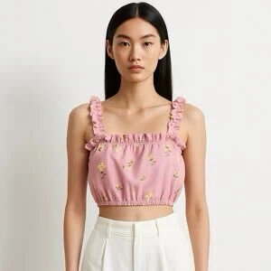 Aritzia: Sunday Best Pink Floral Ruffle Crop Top XXS