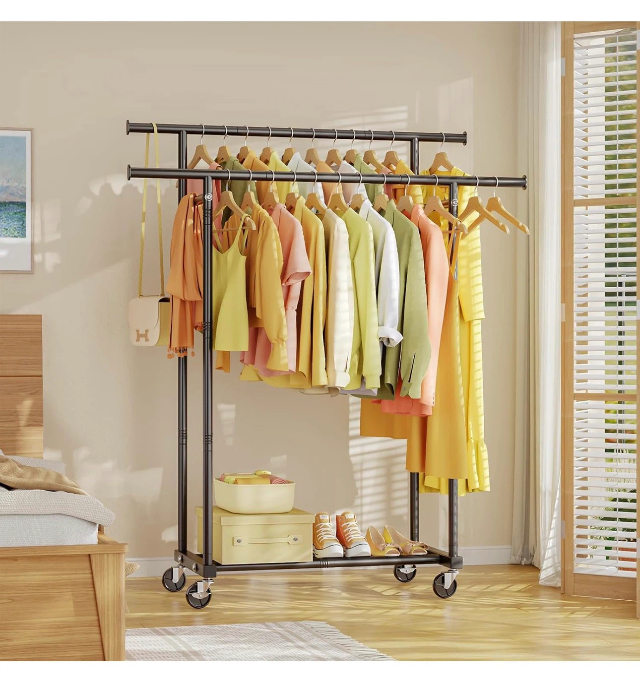 HYSEYY Double Rods Rolling Clothing Rack - Black - photo 2