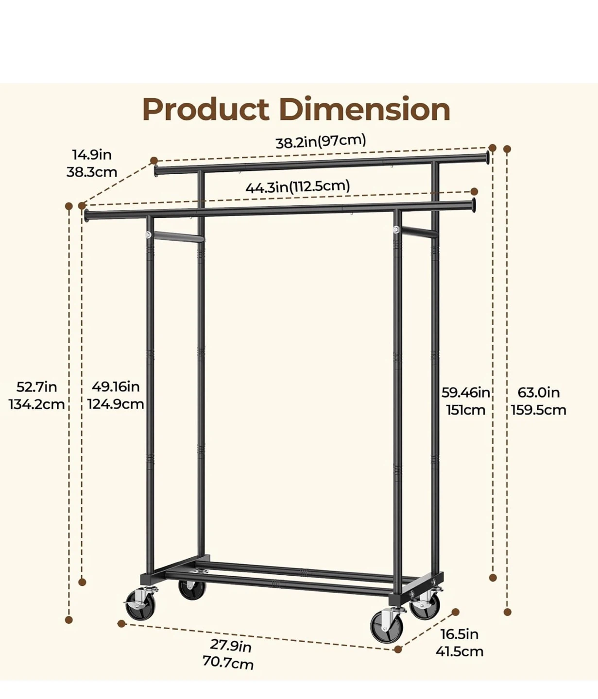 HYSEYY Double Rods Rolling Clothing Rack - Black - photo 3