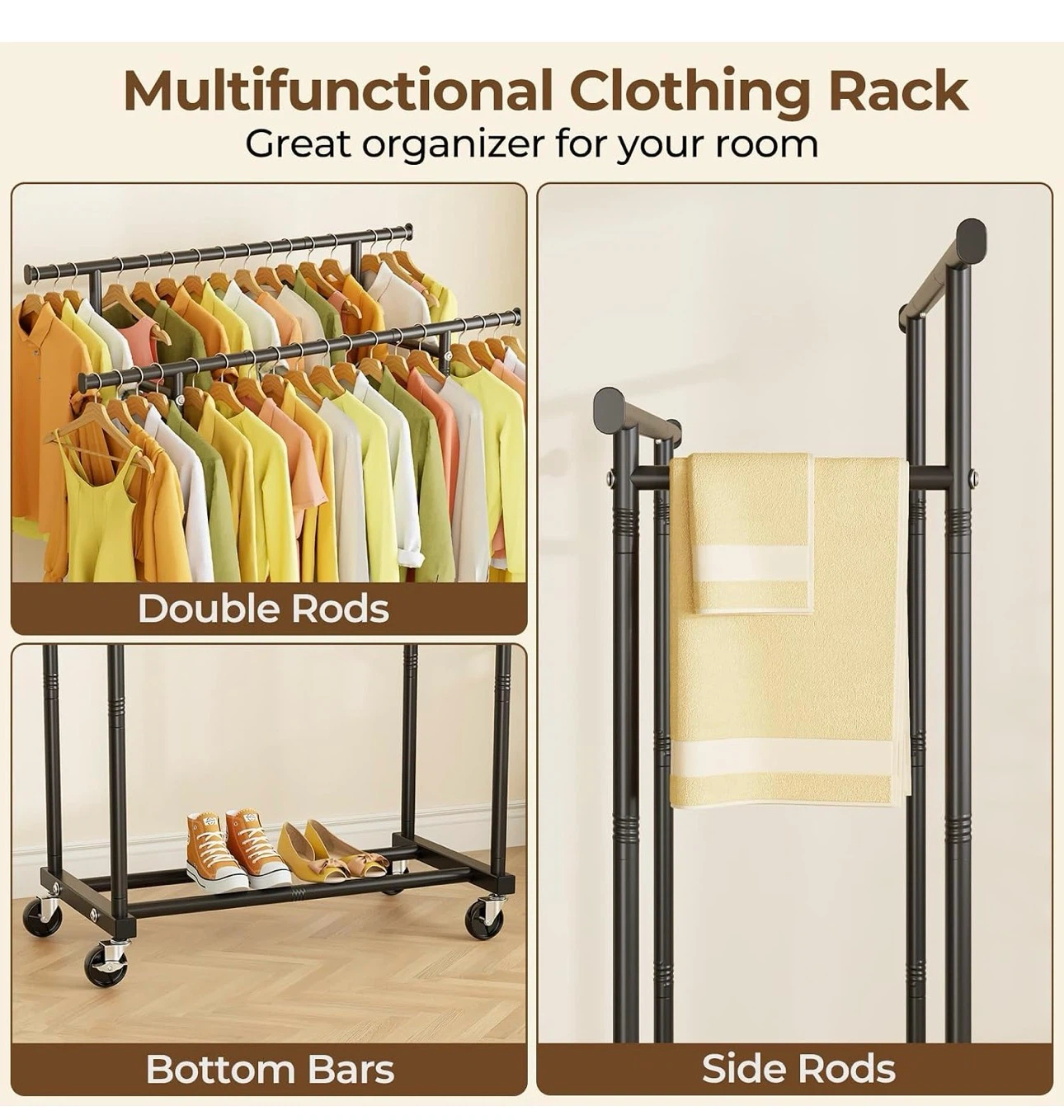 HYSEYY Double Rods Rolling Clothing Rack - Black - photo 4
