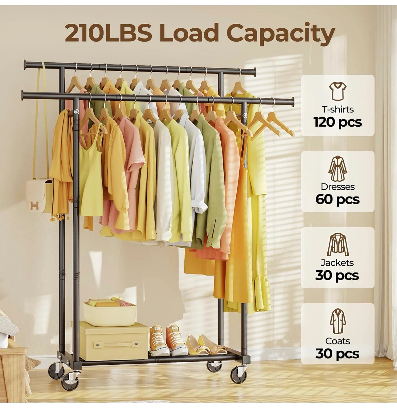 HYSEYY Double Rods Rolling Clothing Rack - Black - photo 5