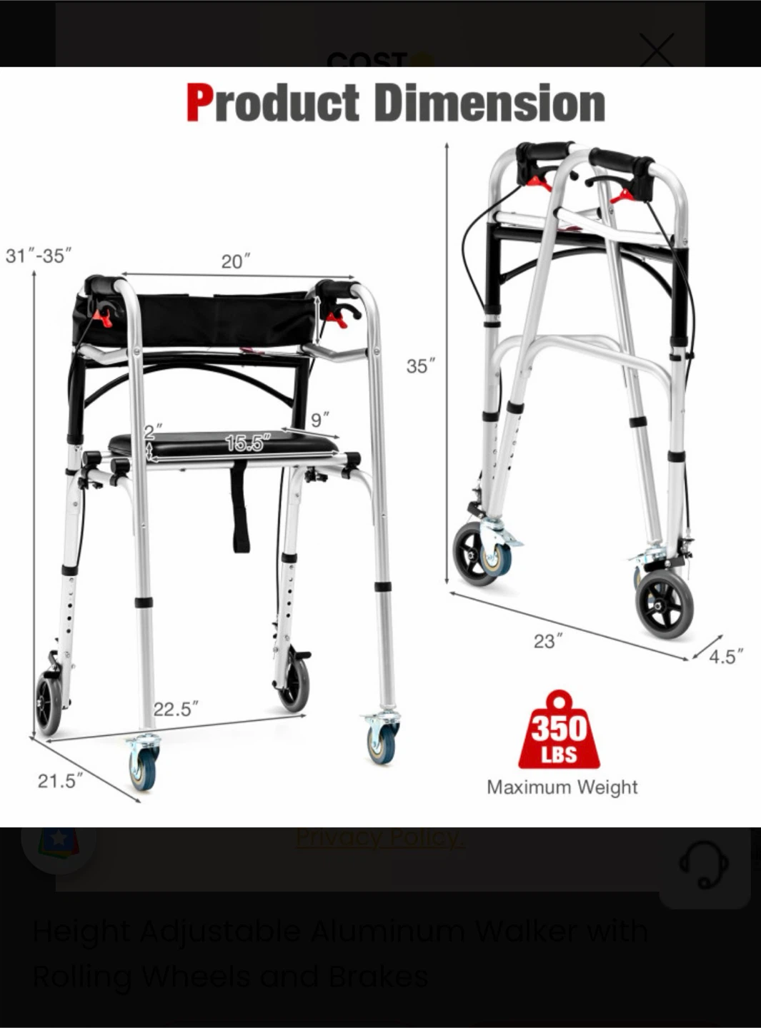 Height Adjustable Aluminum Walker with Wheels and Brakes - photo 3