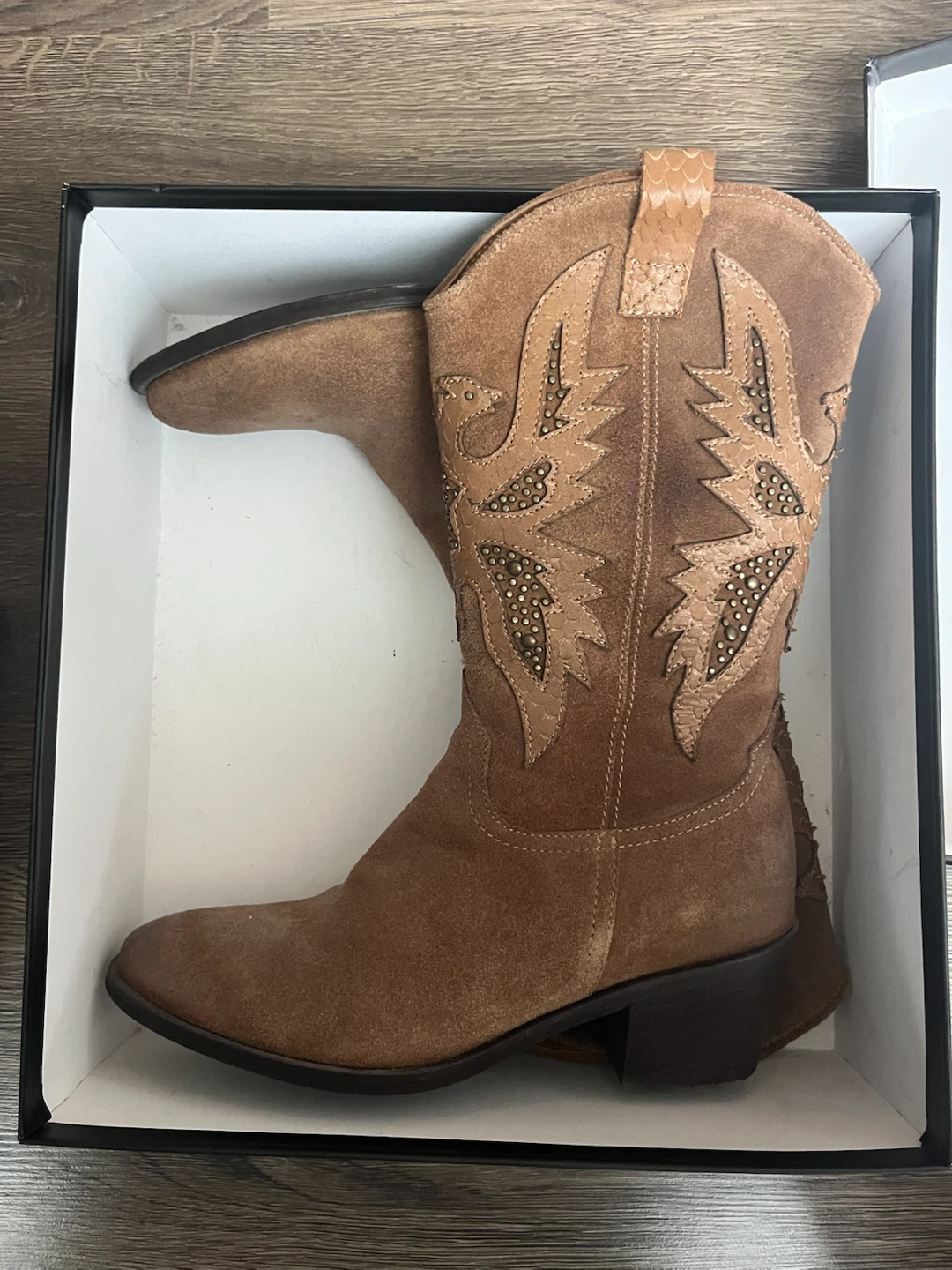 Brown Leather Suede Cowboy Boots with Studs