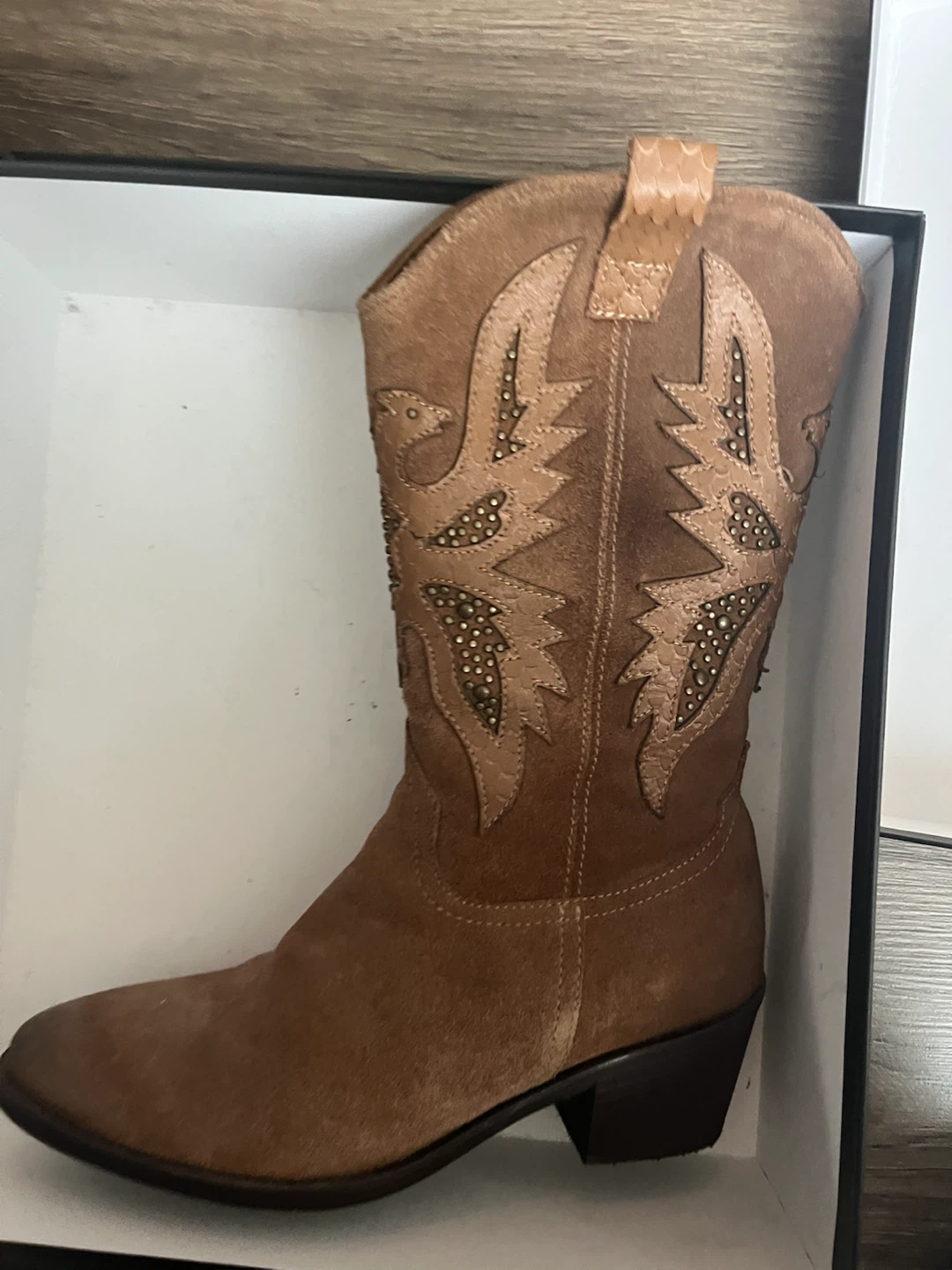 Brown Leather Suede Cowboy Boots with Studs - photo 4