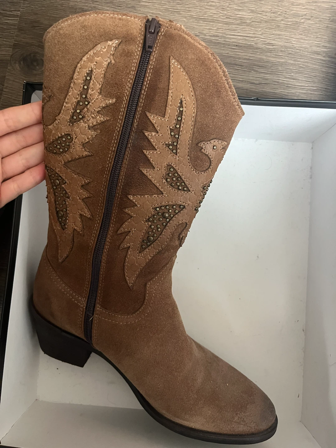 Brown Leather Suede Cowboy Boots with Studs - photo 5