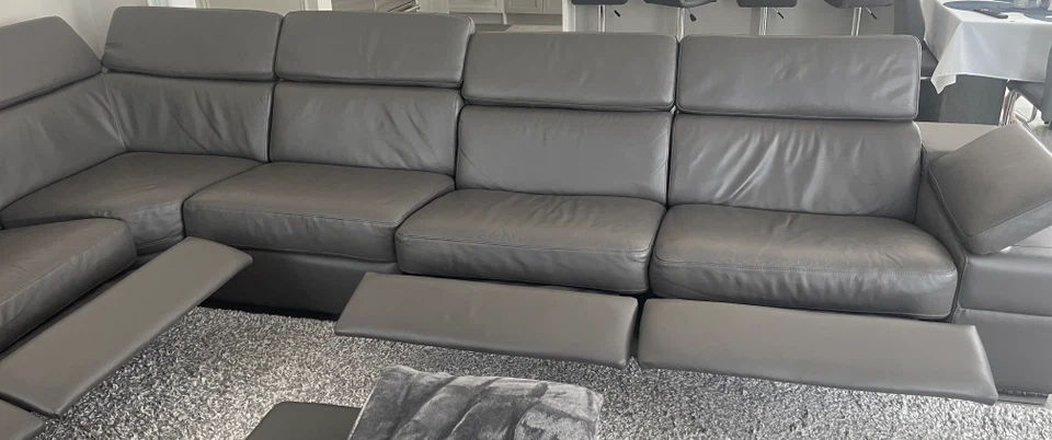 Modern  Palliser Grey Leather Sectional Sofa with Recliners