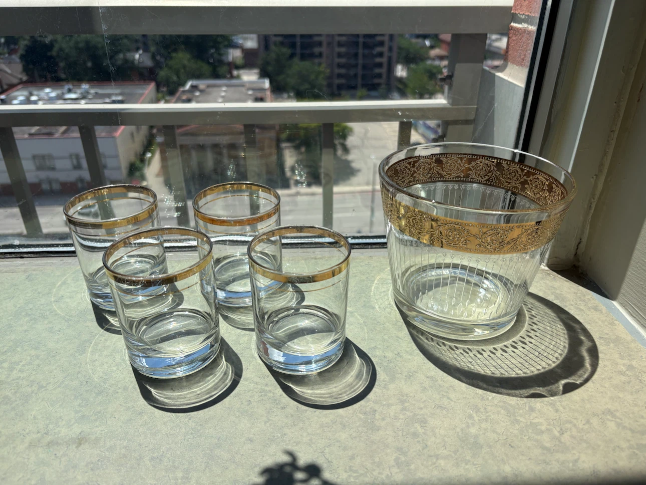 Set of 4 Vintage Gold Rimmed Glasses with Ice Bucket