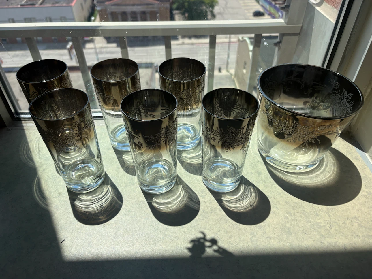 Set of 6 Highball Glasses and Ice Bucket with Floral Etching