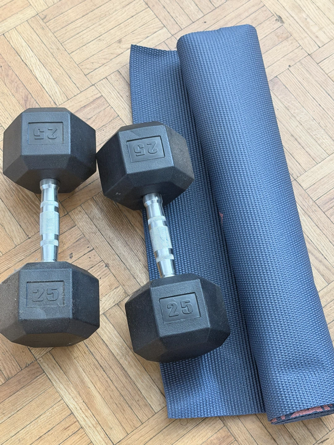 25 lb Hex Dumbbells and Yoga Mat