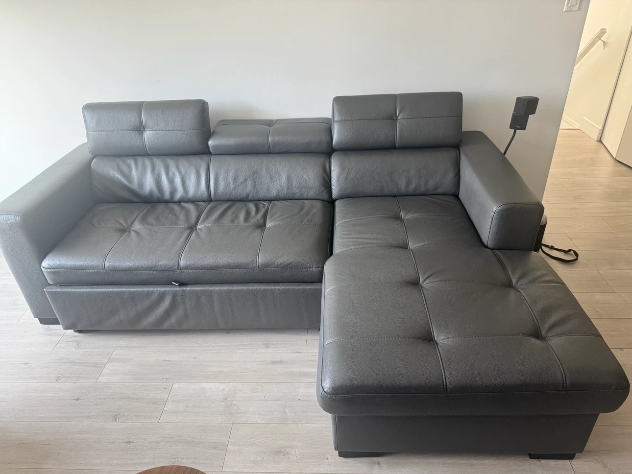 Grey Leather Sectional Sofa Bed with Storage