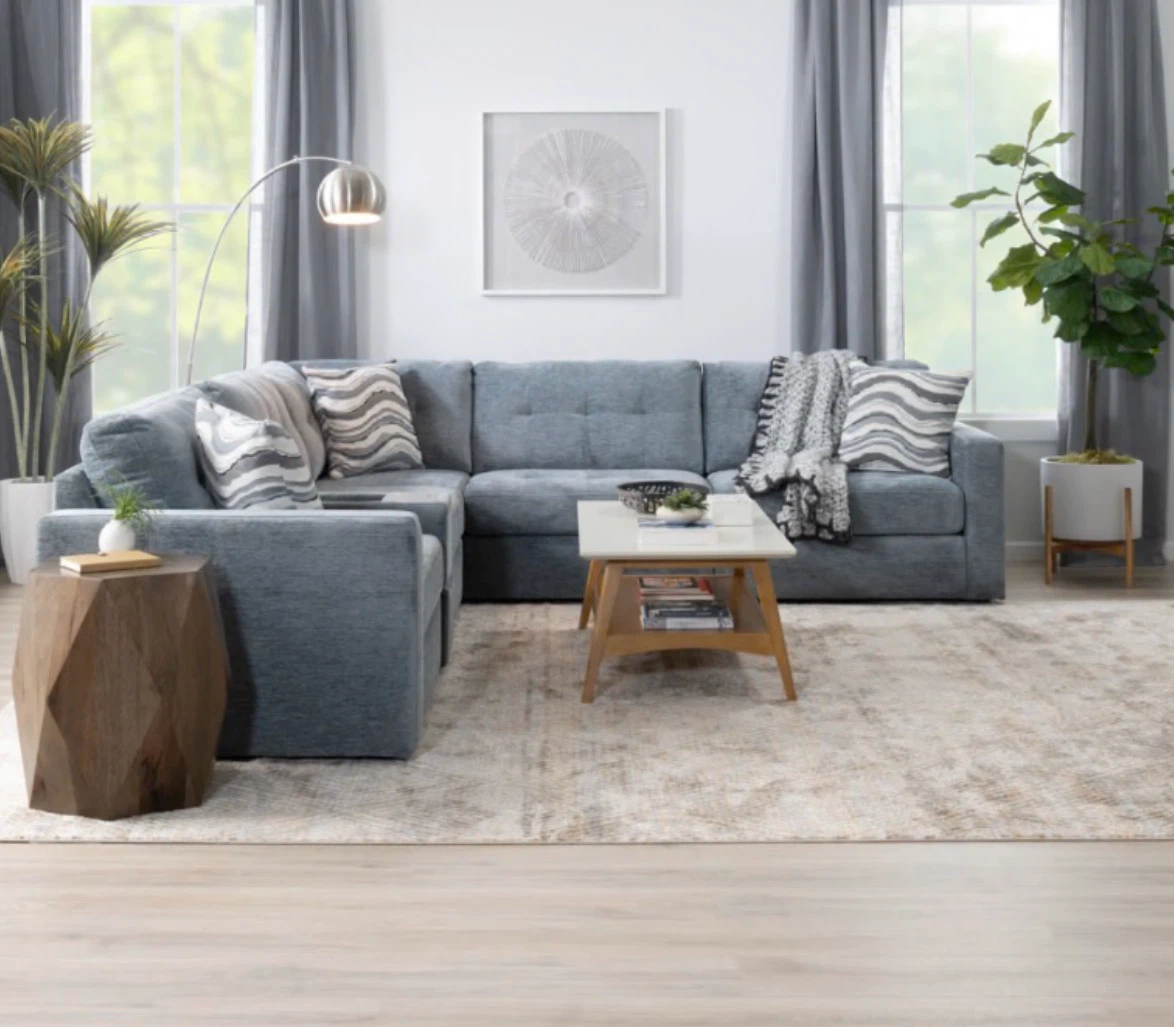 Spa Blue Sectional Sofa with Storage Ottoman