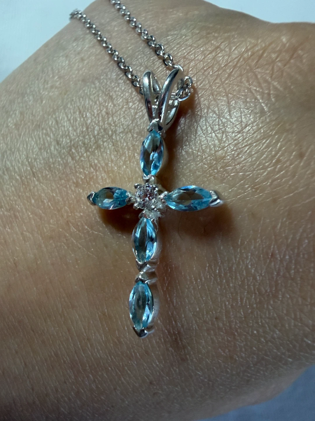 Blue Topaz Cross Pendant Sterling Silver Necklace - photo 3