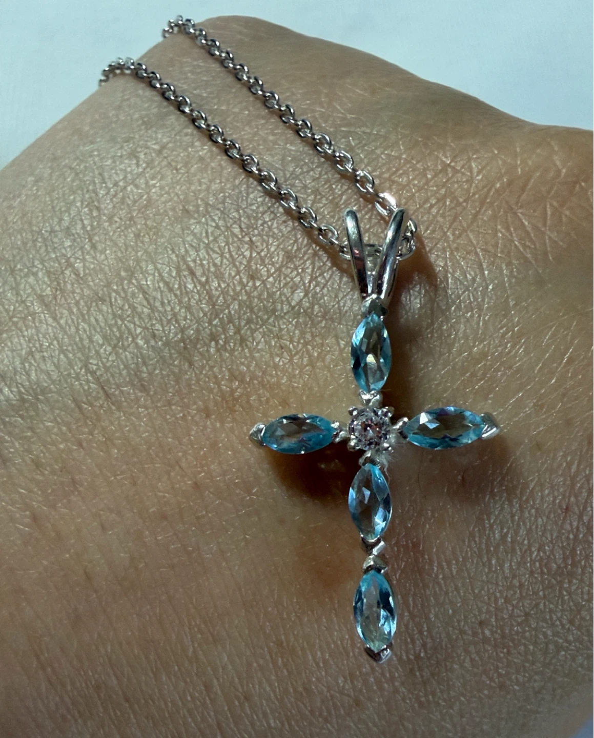Blue Topaz Cross Pendant Sterling Silver Necklace - photo 2